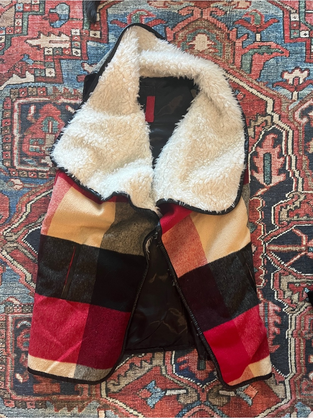 Me Jane Plaid Sherpa-Lined Vest with Ivory Collar